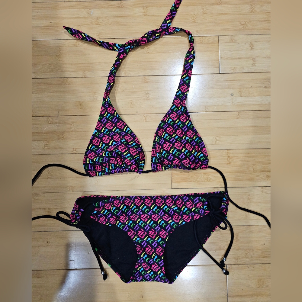 Vintage Y2K Spencer's Black B¡tch Swimsuit Bikini Top Bottom String Tie Set M